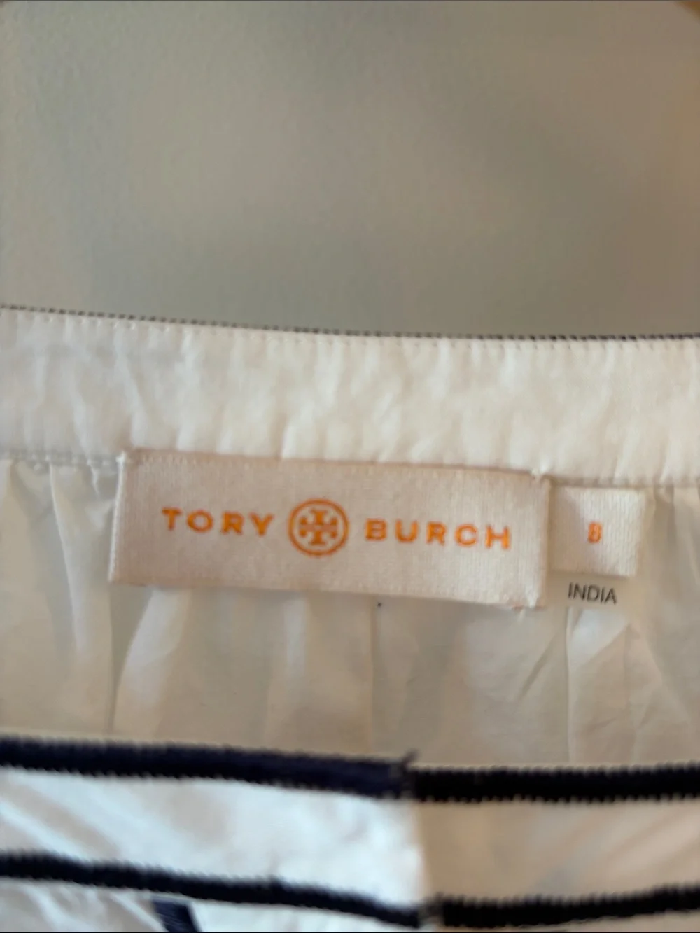 Tory Burch White Cotton Tunic with Navy Geometric Embroidery